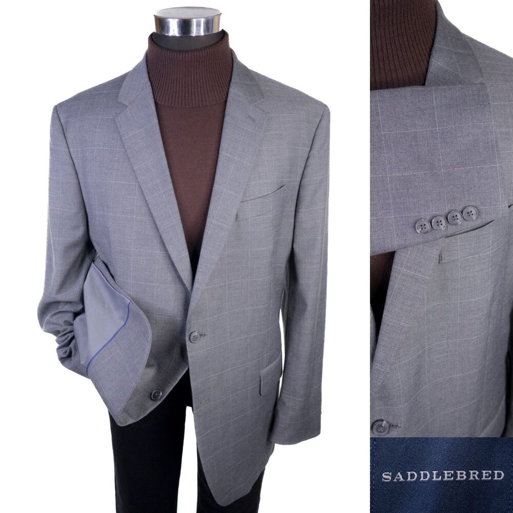 Saddlebred Blazer Sport Coat Motion Stretch Sz 48L Windowpane Gray Jacket EUC